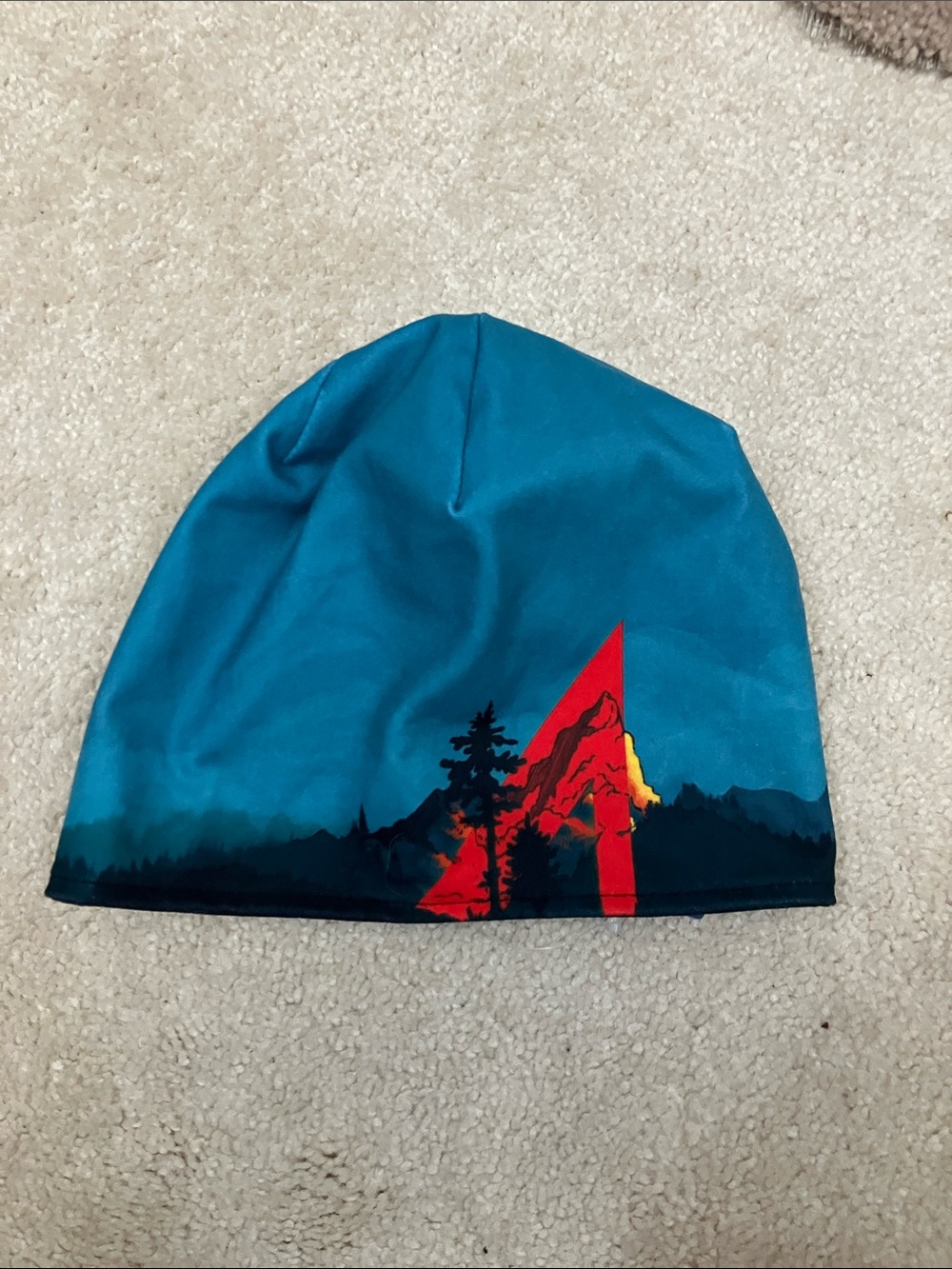 boc Teal Blue Beanie with Red and Yellow Scenic Print